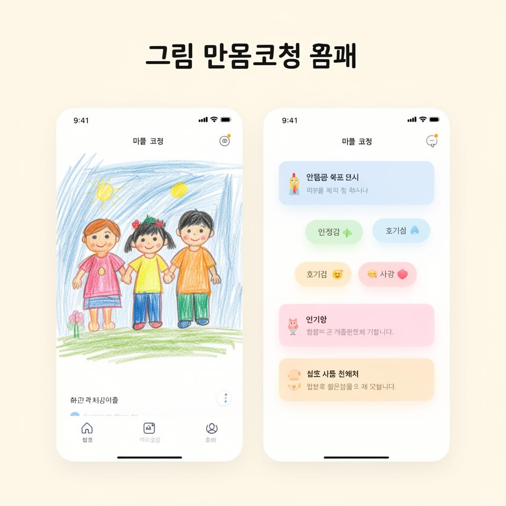 그림 마음코칭 결과 예시 — 아이의 크레용 그림과 감정 태그가 정리된 코칭 화면