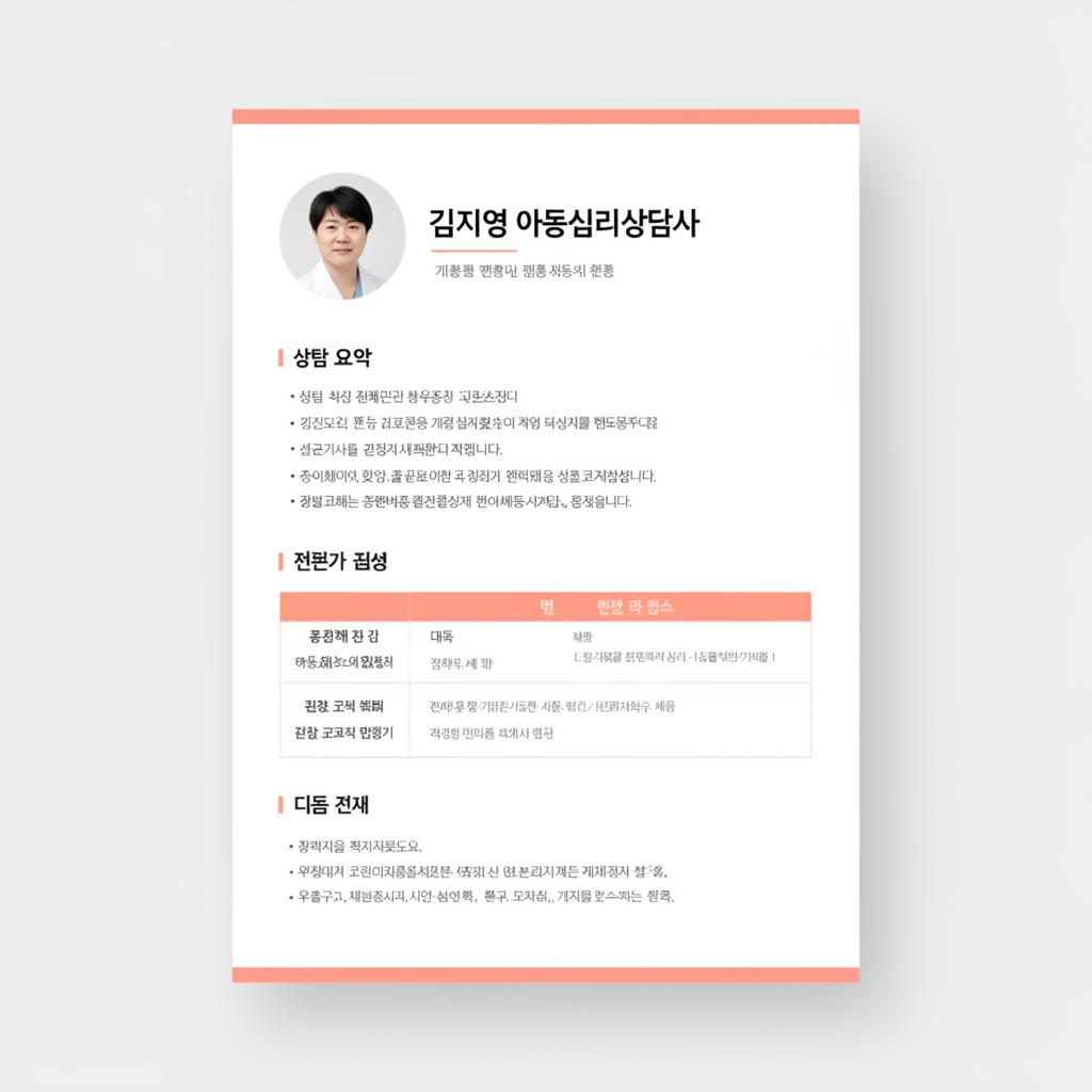 전문가 상담 결과 예시 — 상담사 프로필과 상담 요약이 담긴 리포트 문서