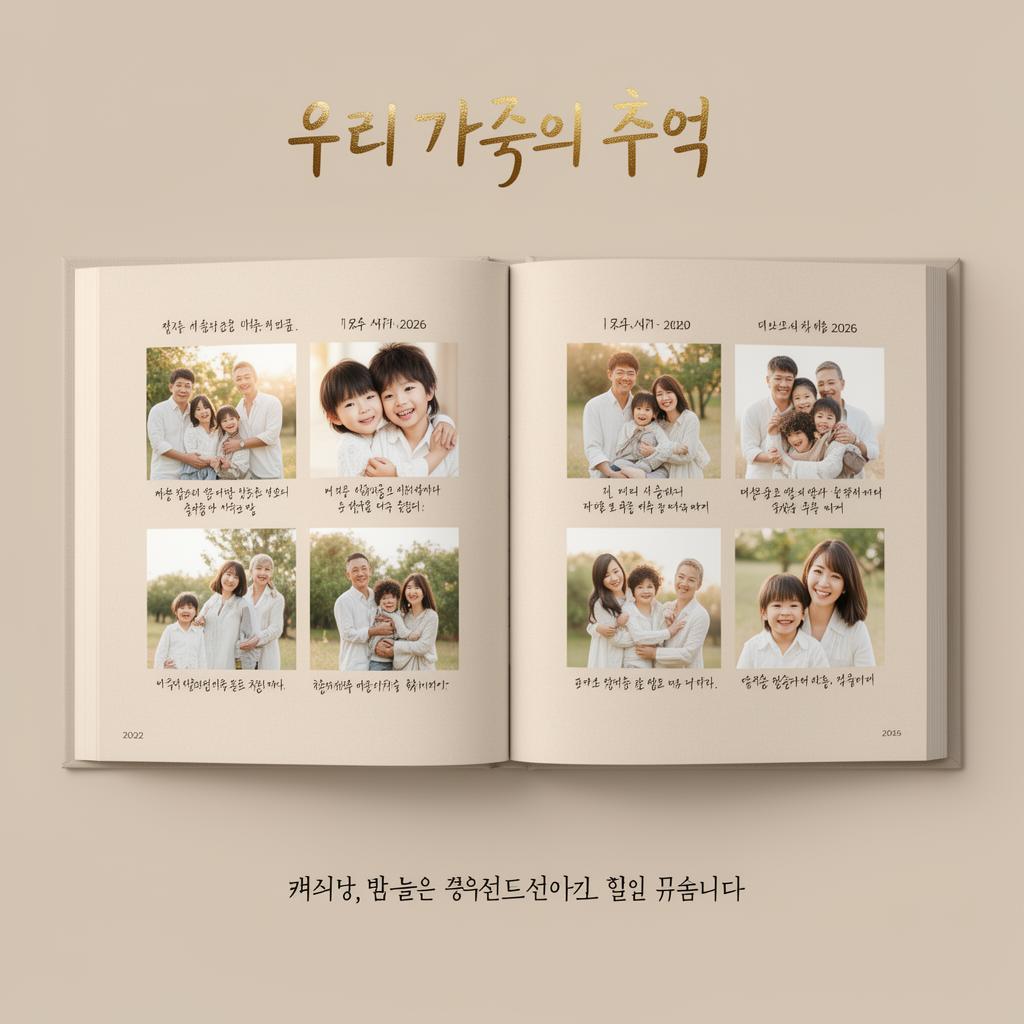 추억책 예시 — 가족 사진과 손글씨 캡션이 담긴 양장본 포토북 펼침면