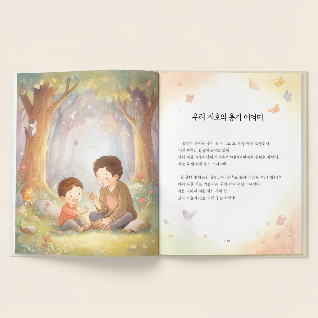 AI 동화책 예시 — 수채화 일러스트가 들어간 펼친 동화책 한 장면